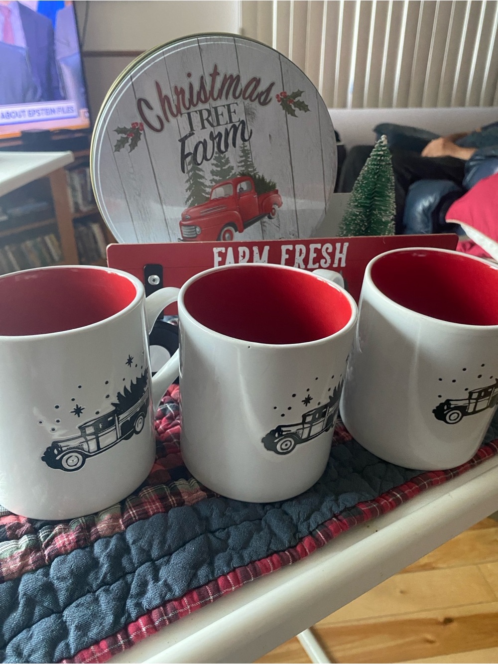 Three Christmas mugs on a Red 'Farm Fresh Trees' Decorative Wagon